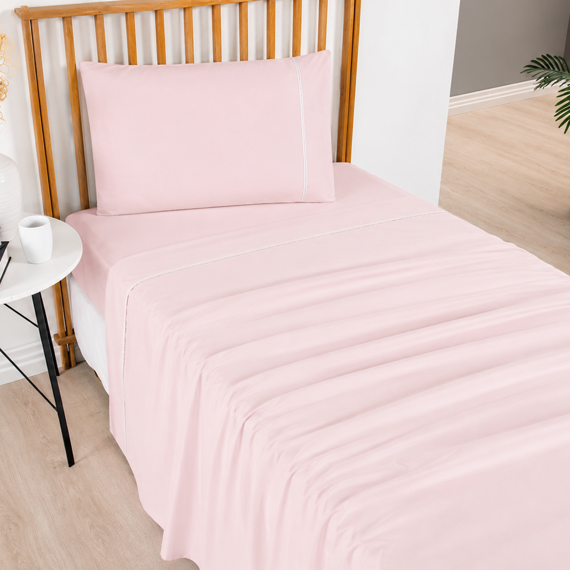Jogo de Lençol Solteiro 3 Peças 300 Fios Micropercal Ponto Palito Rose