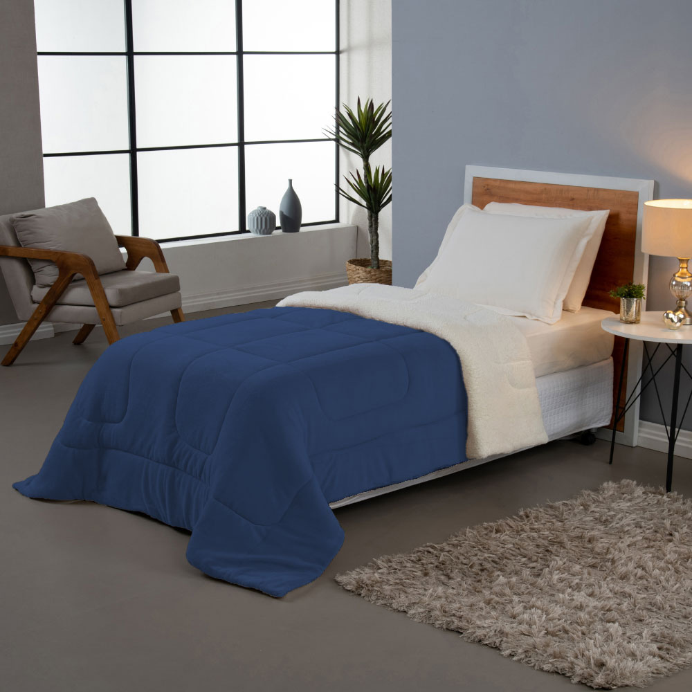 Coberdrom Soft Solteiro Dupla Face Sherpa Carneiro 230 x 170 cm Azul Marinho
