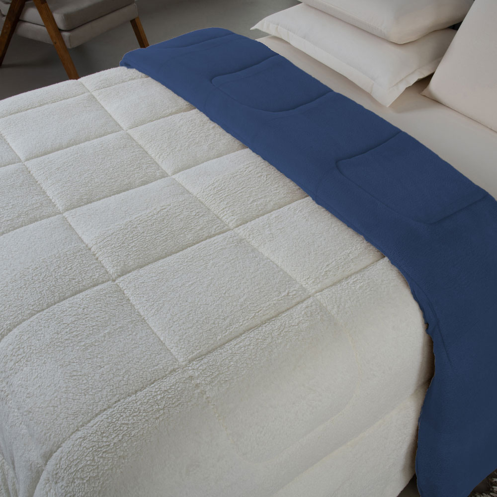 Coberdrom Soft Queen Dupla Face Sherpa Carneiro 230 x 250 cm Azul Marinho
