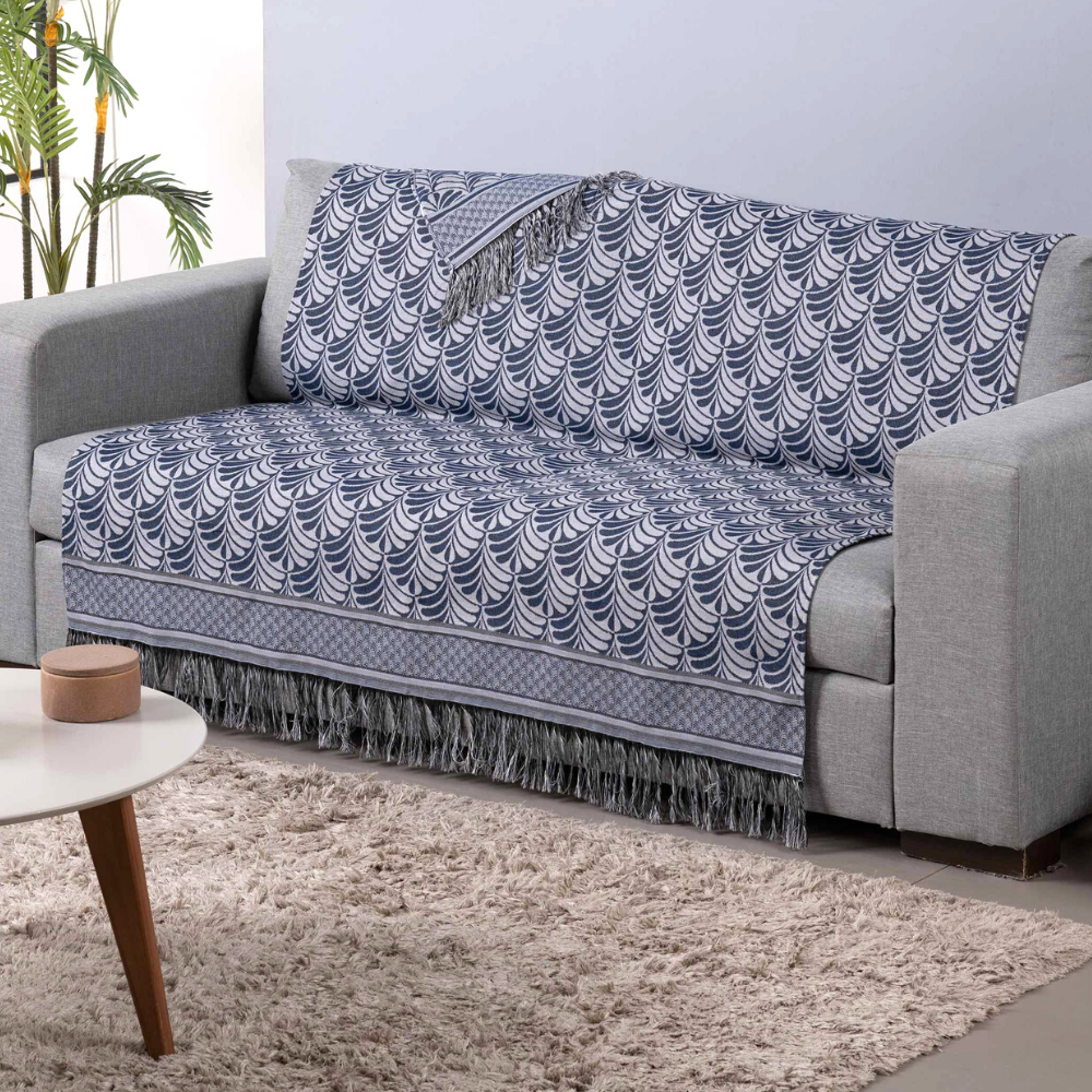 Manta para Sofá Luxor Jacquard com Franja 2,10 x 1,35 m Azul Palmeira