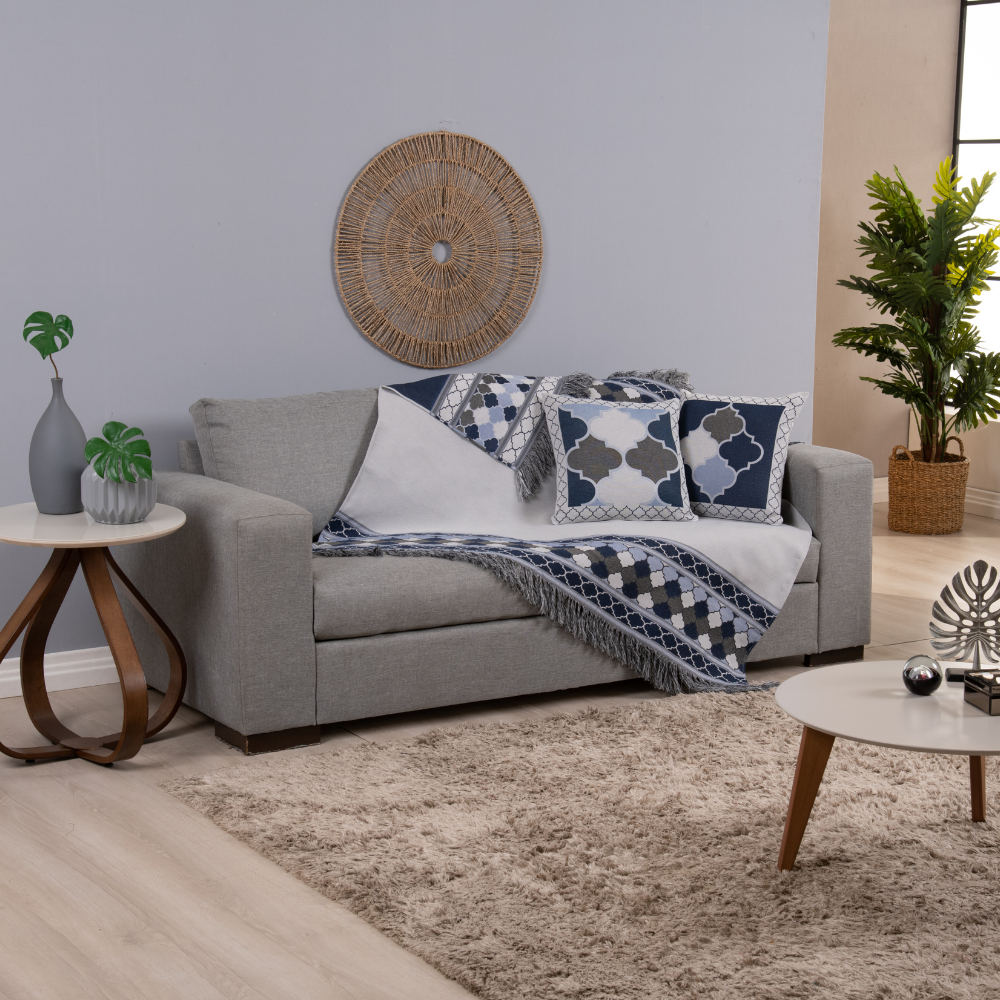Kit Xale para Sofá 5 Peças Jacquard com Franja e Almofadas Cheias