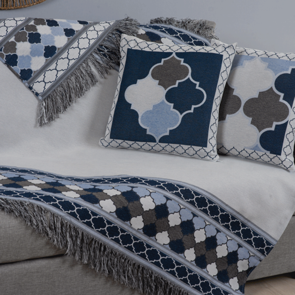 Kit Xale para Sofá 5 Peças Jacquard com Franja e Almofadas Cheias