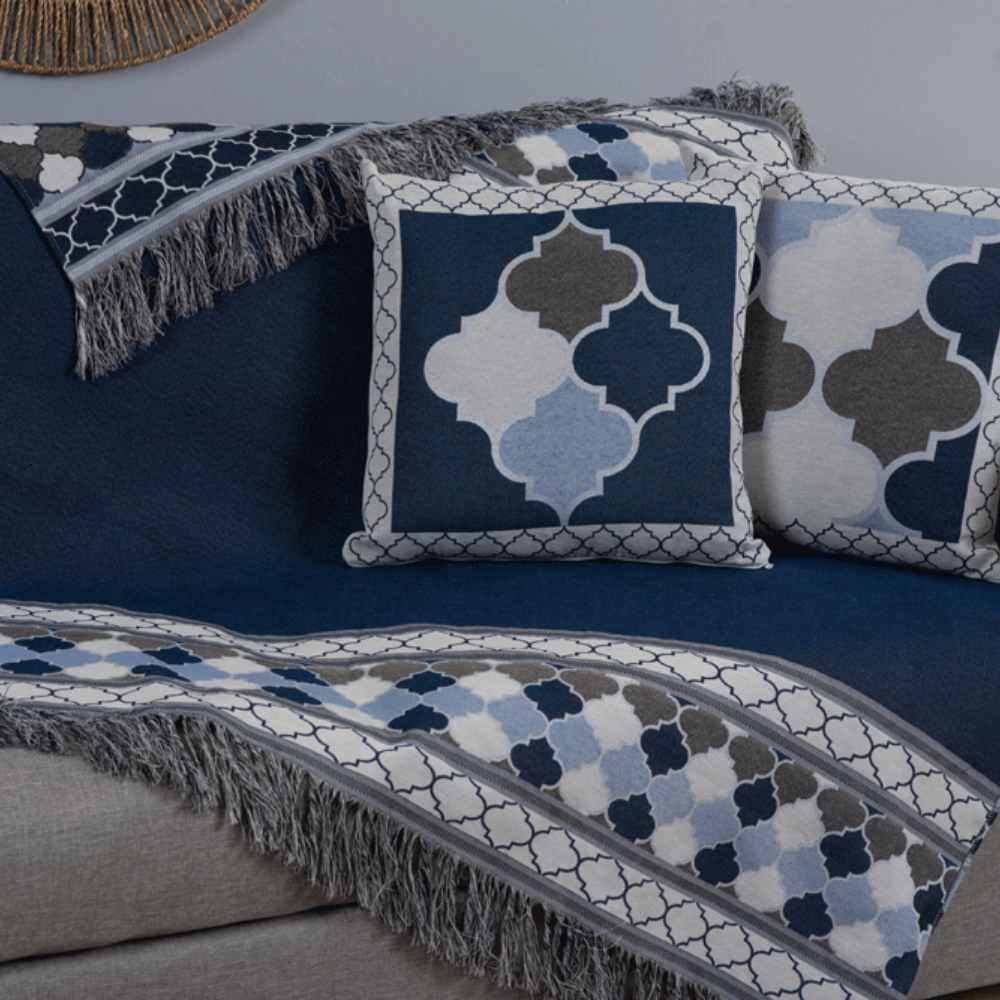 Kit Xale para Sofá 5 Peças Jacquard com Franja e Almofadas Cheias