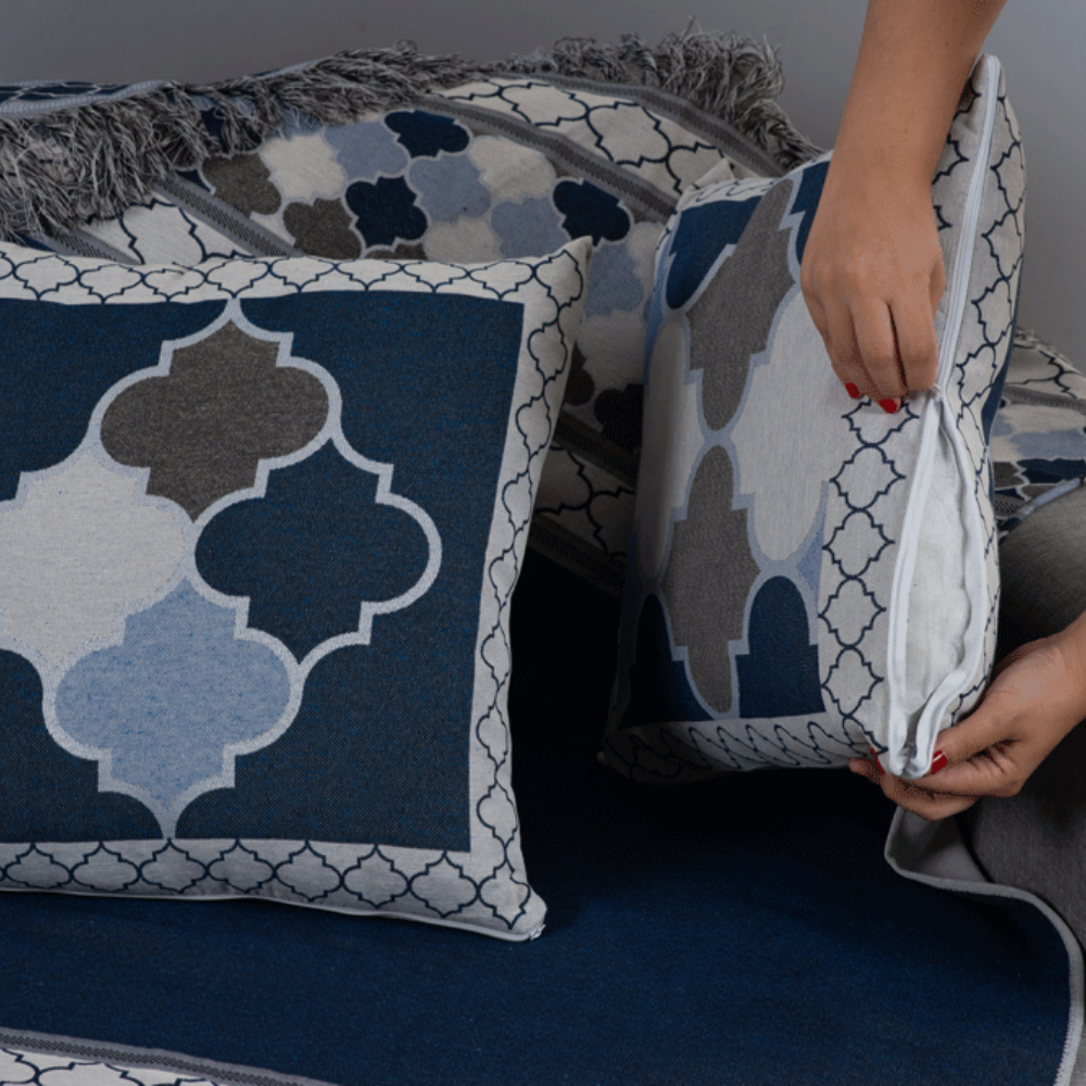 Kit Xale para Sofá 5 Peças Jacquard com Franja e Almofadas Cheias