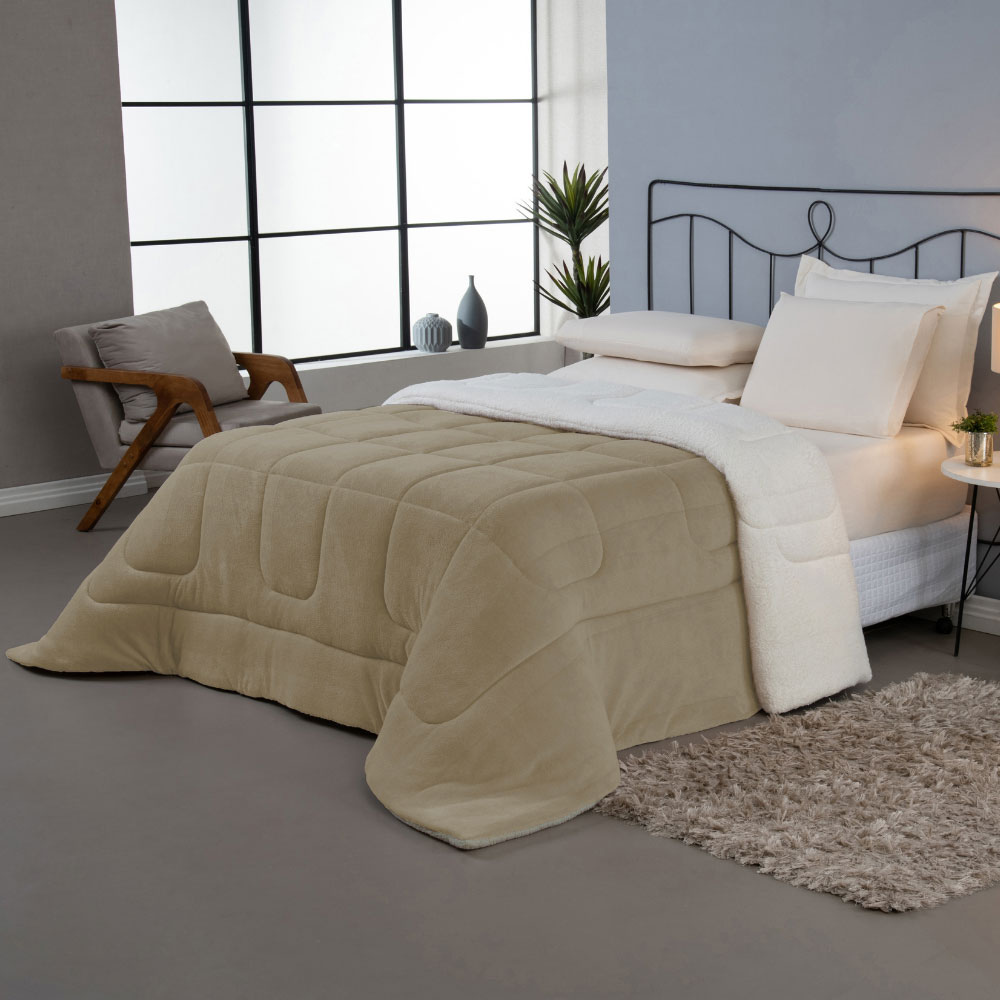 Coberdrom Soft Queen Dupla Face Sherpa Carneiro 230 x 250 cm Bege