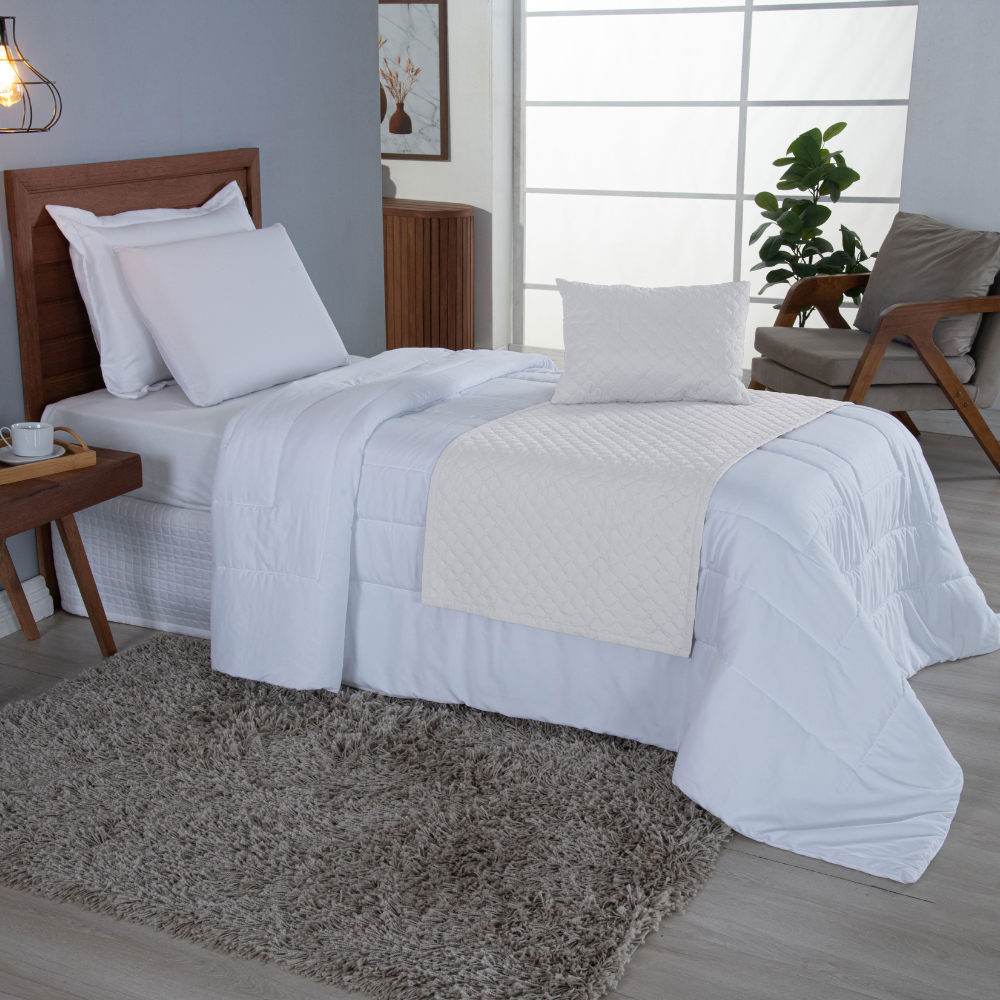 Kit Peseira Solteiro 3 Peças Microfibra Matelassê com Almofada Cheia Branco