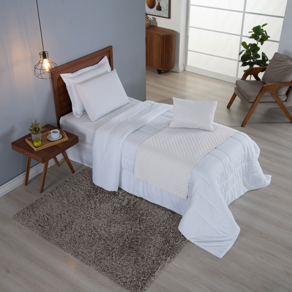 Kit Peseira Solteiro 3 Peças Microfibra Matelassê com Almofada Cheia Branco