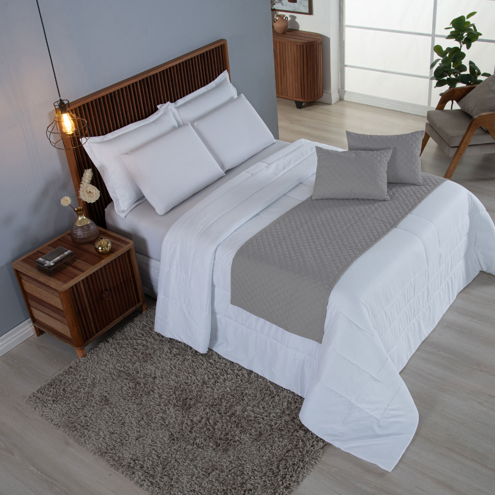 Kit Peseira Queen 5 Peças Microfibra Matelassê com Almofada Cheia Cinza