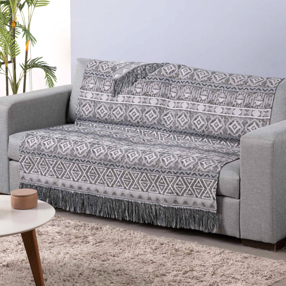 Manta para Sofá Luxor Jacquard com Franja 2,10 x 1,35 m Cinza Geométrico