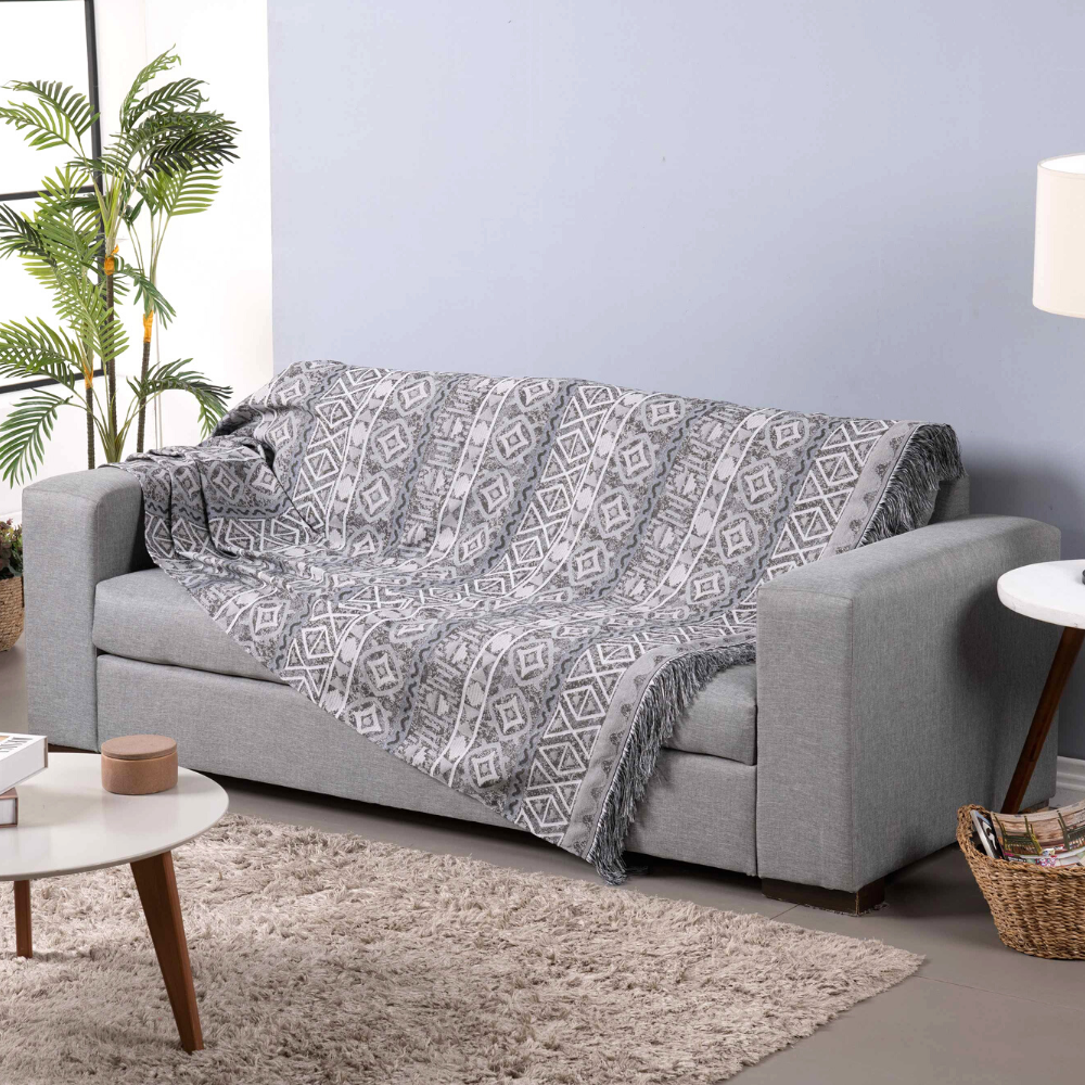 Manta para Sofá Luxor Jacquard com Franja 2,10 x 1,35 m Cinza Geométrico