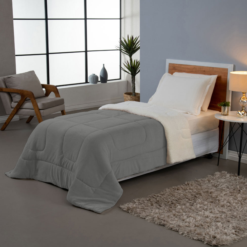 Coberdrom Soft Solteiro Dupla Face Sherpa Carneiro 230 x 170 cm Cinza
