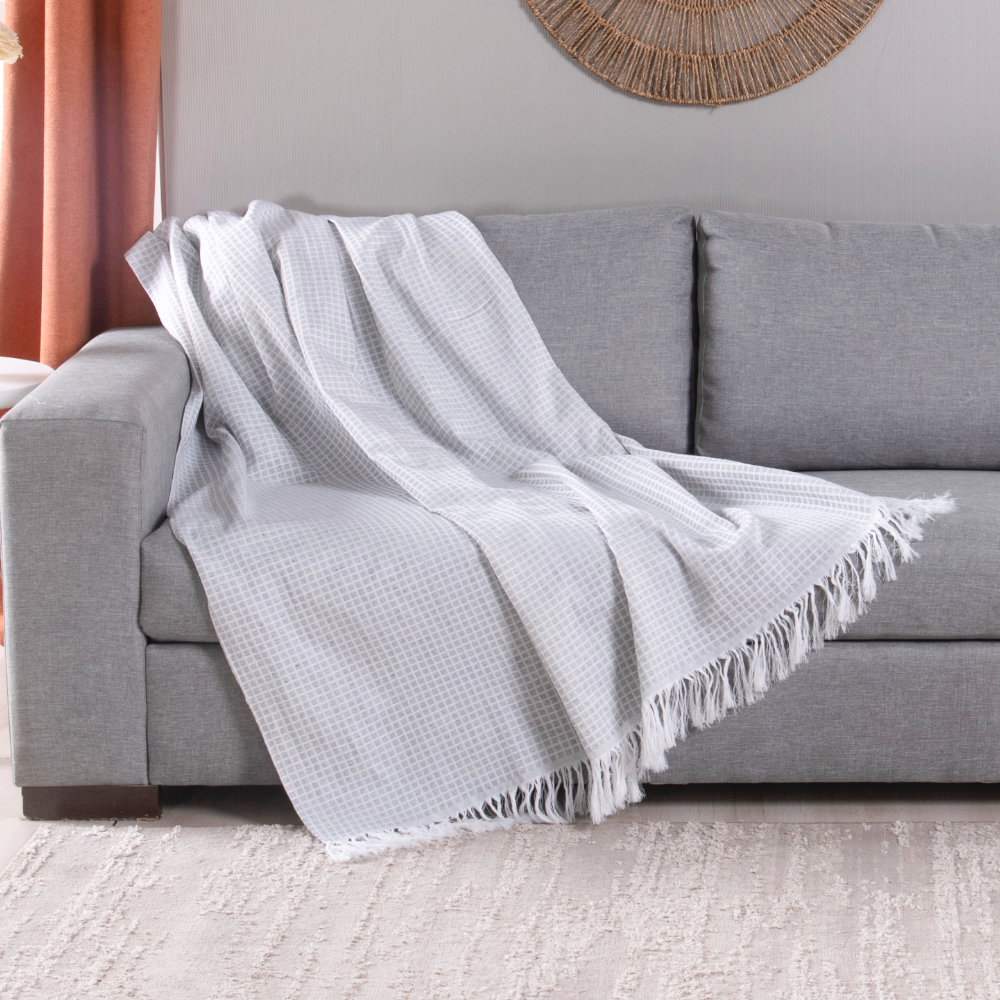 Manta para Sofá Grid Jacquard com Franja 2,10 x 1,35 m Cinza