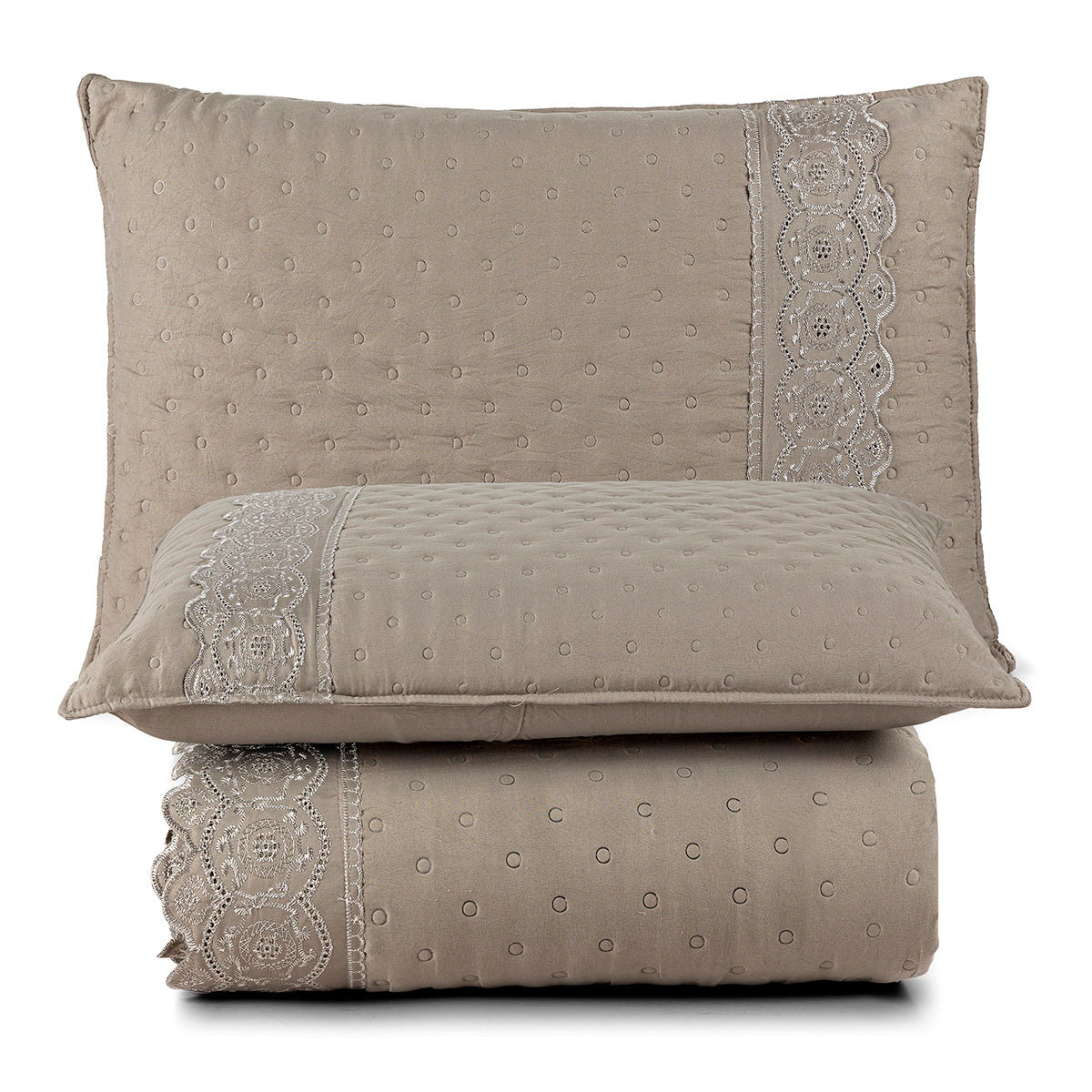 Cobre Leito King Nobless Micropercal 200 Fios Bordado Inglês 3 Peças Taupe