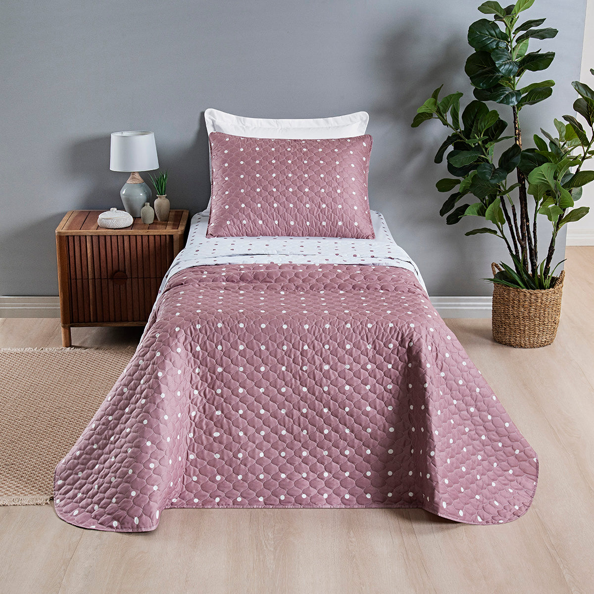 Cobre-Leito Solteiro Petit Poá Dupla Face Matelassê Micropercal 200 Fios 2 Peças Rose