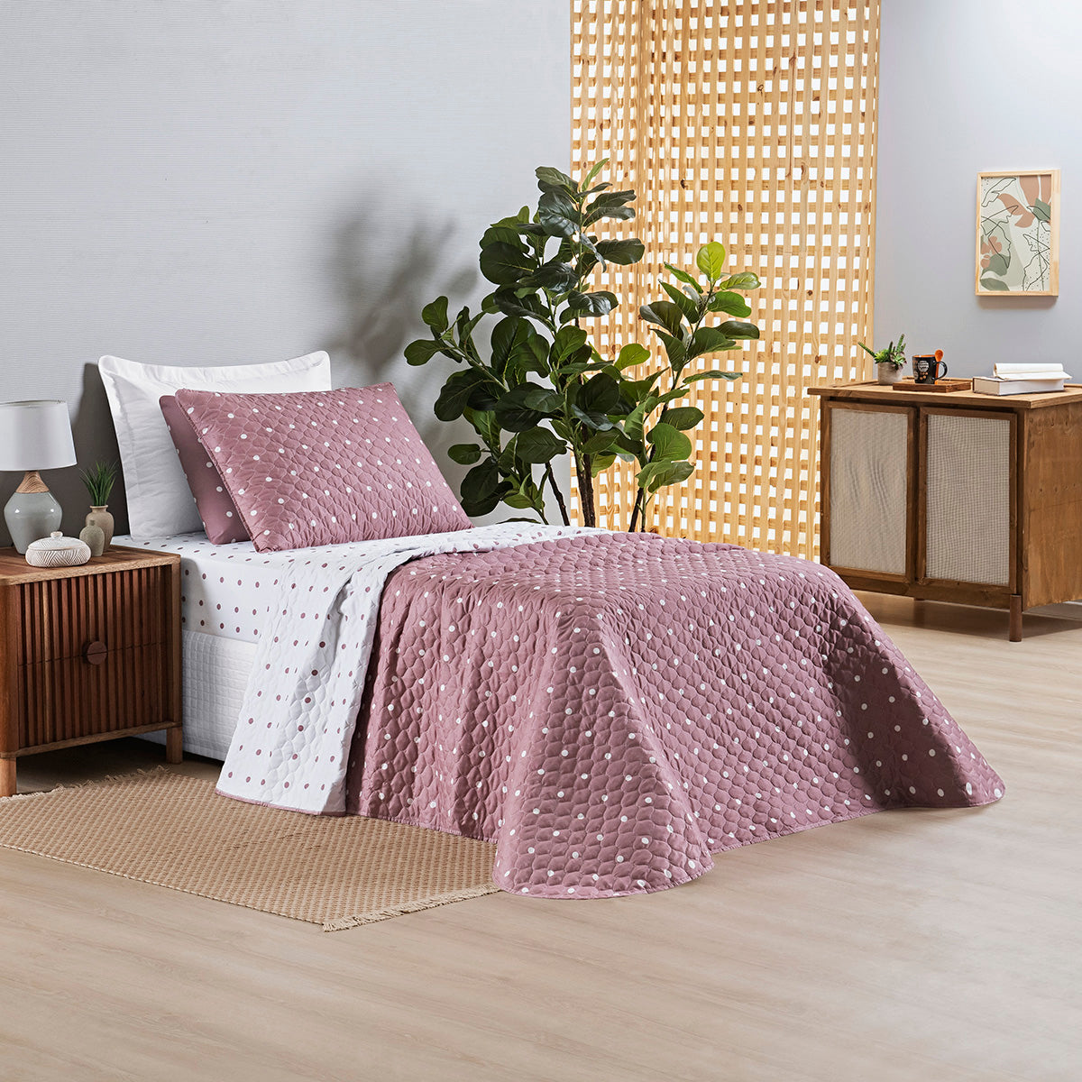 Cobre-Leito Solteiro Petit Poá Dupla Face Matelassê Micropercal 200 Fios 2 Peças Rose