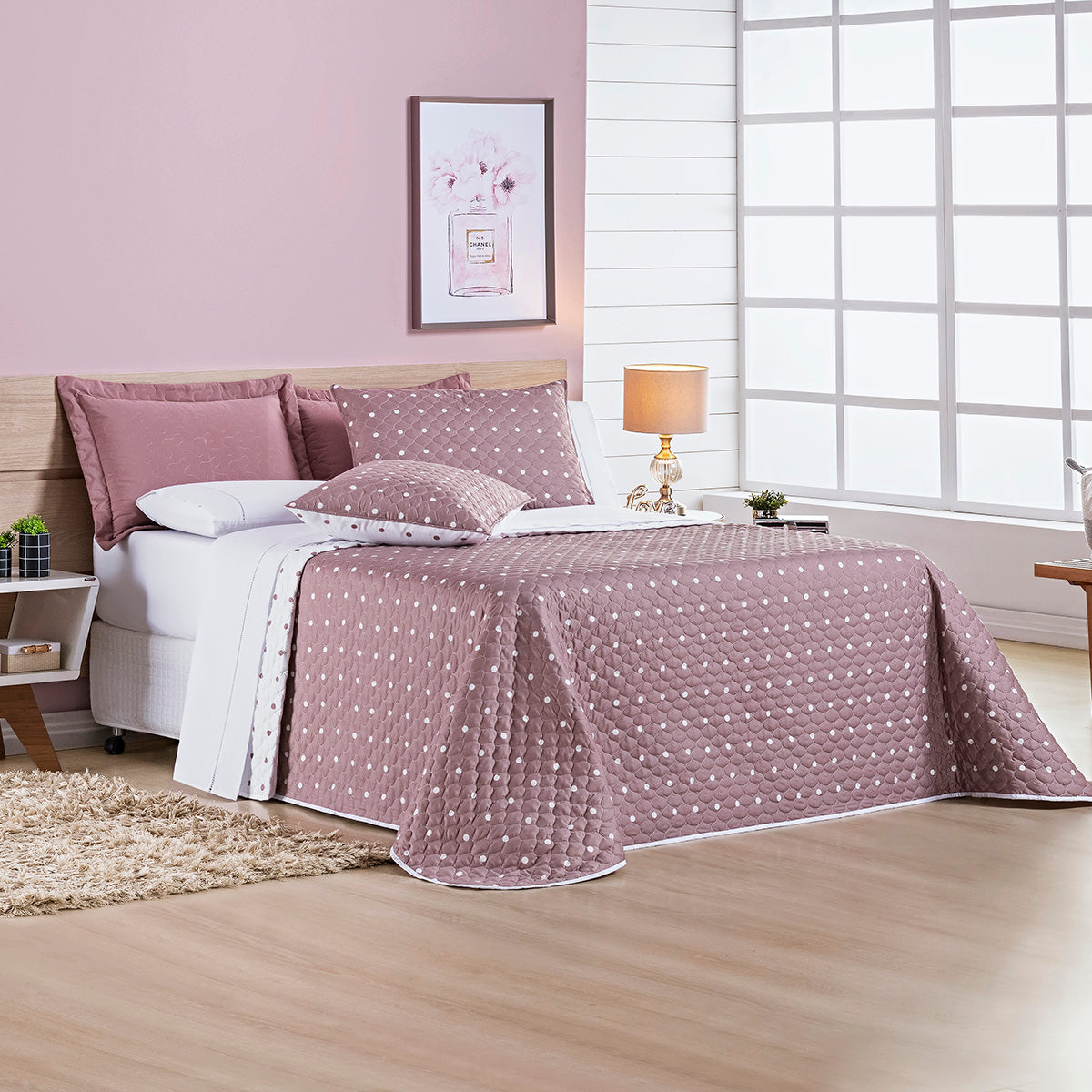 Cobre-Leito King Petit Poá Dupla Face Matelassê Micropercal 200 Fios 3 Peças Rose