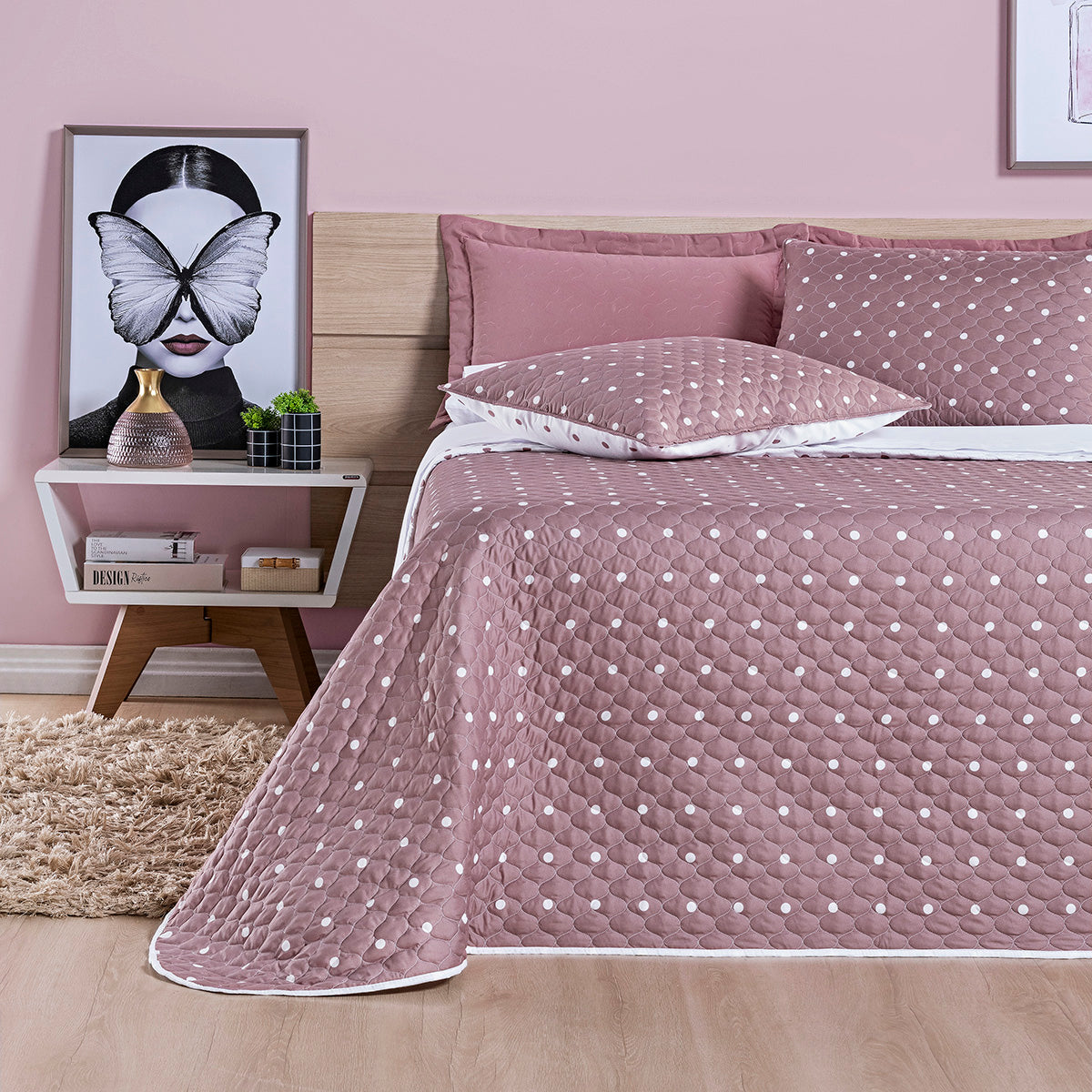 Cobre-Leito King Petit Poá Dupla Face Matelassê Micropercal 200 Fios 3 Peças Rose