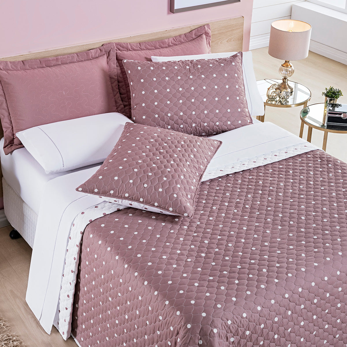Cobre-Leito King Petit Poá Dupla Face Matelassê Micropercal 200 Fios 3 Peças Rose