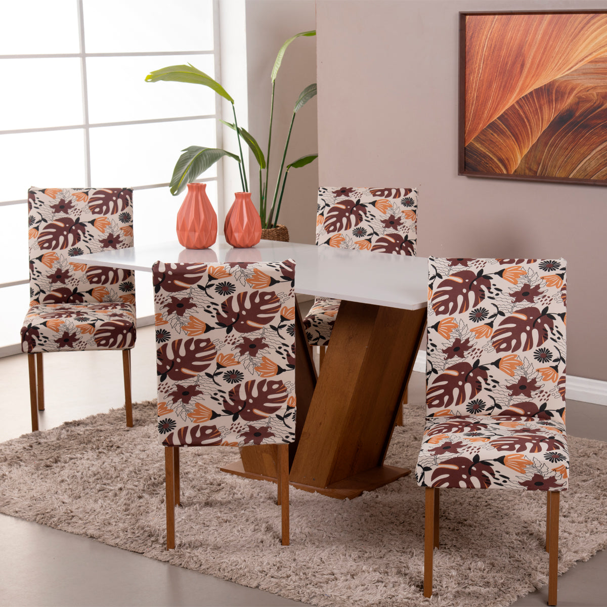 Kit 04 Capas para Cadeira de Jantar com Elástico Folhas da Selva