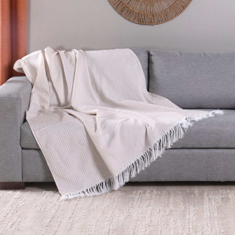 Manta para Sofá Grid Jacquard com Franja 2,10 x 1,35 m Palha