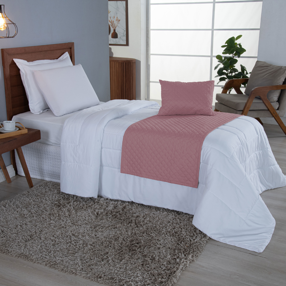 Kit Peseira Solteiro 3 Peças Microfibra Matelassê com Almofada Cheia Rosa