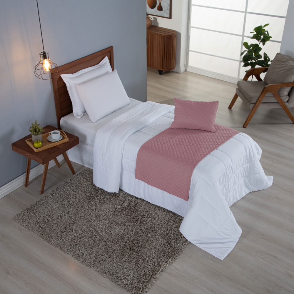 Kit Peseira Solteiro 3 Peças Microfibra Matelassê com Almofada Cheia Rosa