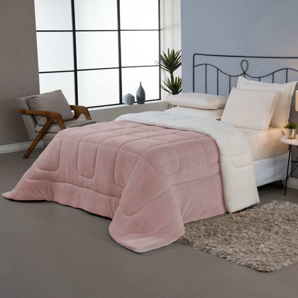 Coberdrom Soft Queen Dupla Face Sherpa Carneiro 230 x 250 cm Rosa