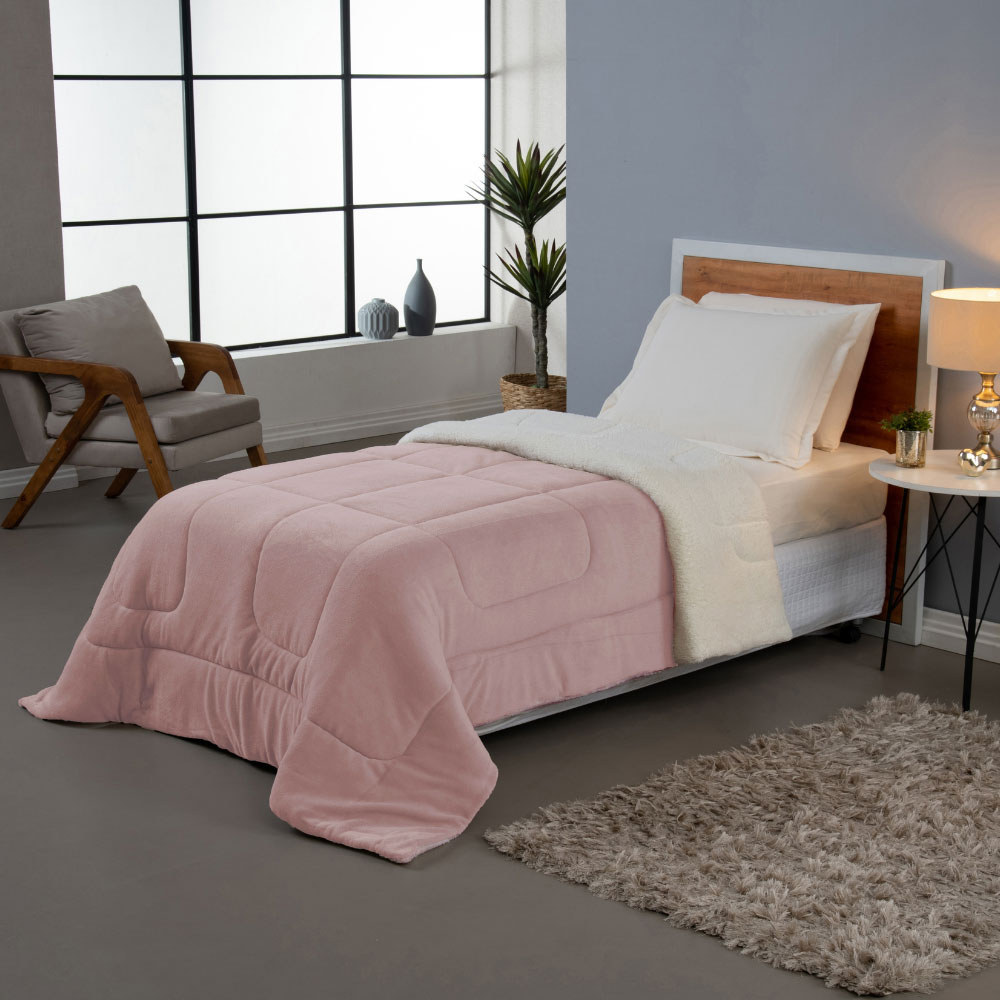 Coberdrom Soft Solteiro Dupla Face Sherpa Carneiro 230 x 170 cm Rosa