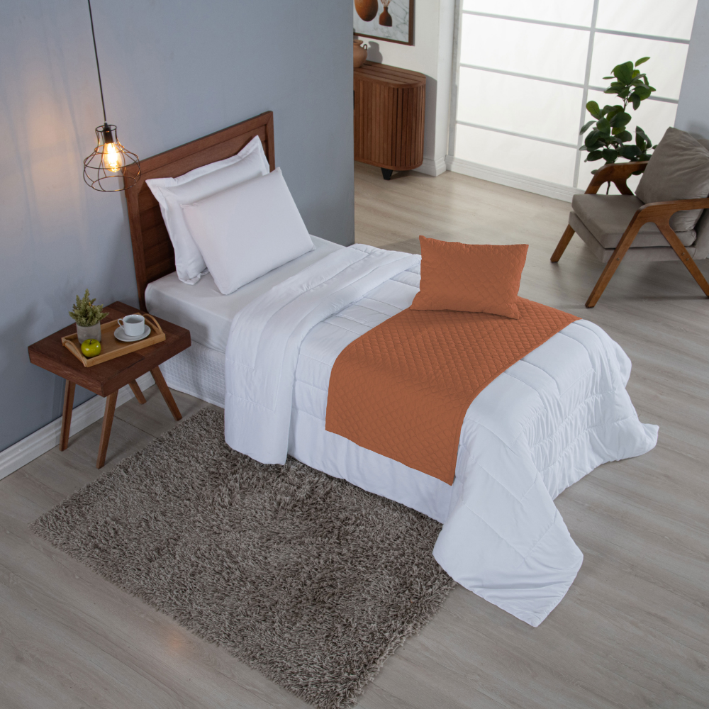 Kit Peseira Solteiro 3 Peças Microfibra Matelassê com Almofada Cheia Terracota