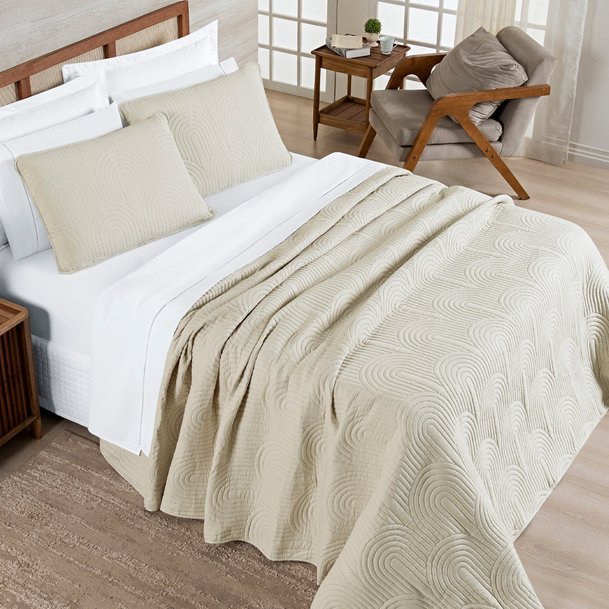 Cobre Leito Arcos King 3 Peças Micropercal 200 Fios Matelado Baunilha