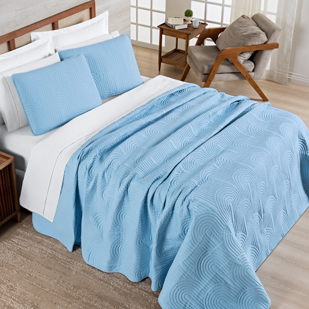 Cobre Leito Arcos King 3 Peças Micropercal 200 Fios Matelado Azul