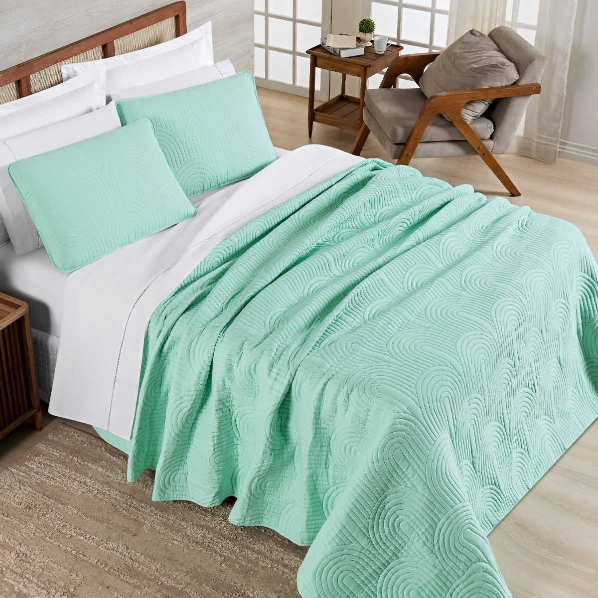 Cobre Leito Arcos King 3 Peças Micropercal 200 Fios Matelado Verde